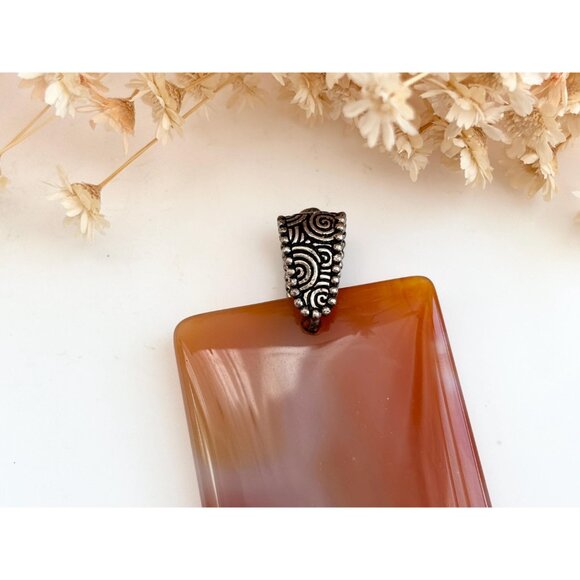 Carnelian Agate Stone Rectangular Geometric Shaped Large Silver Vintage Pendant - Picture 3 of 12